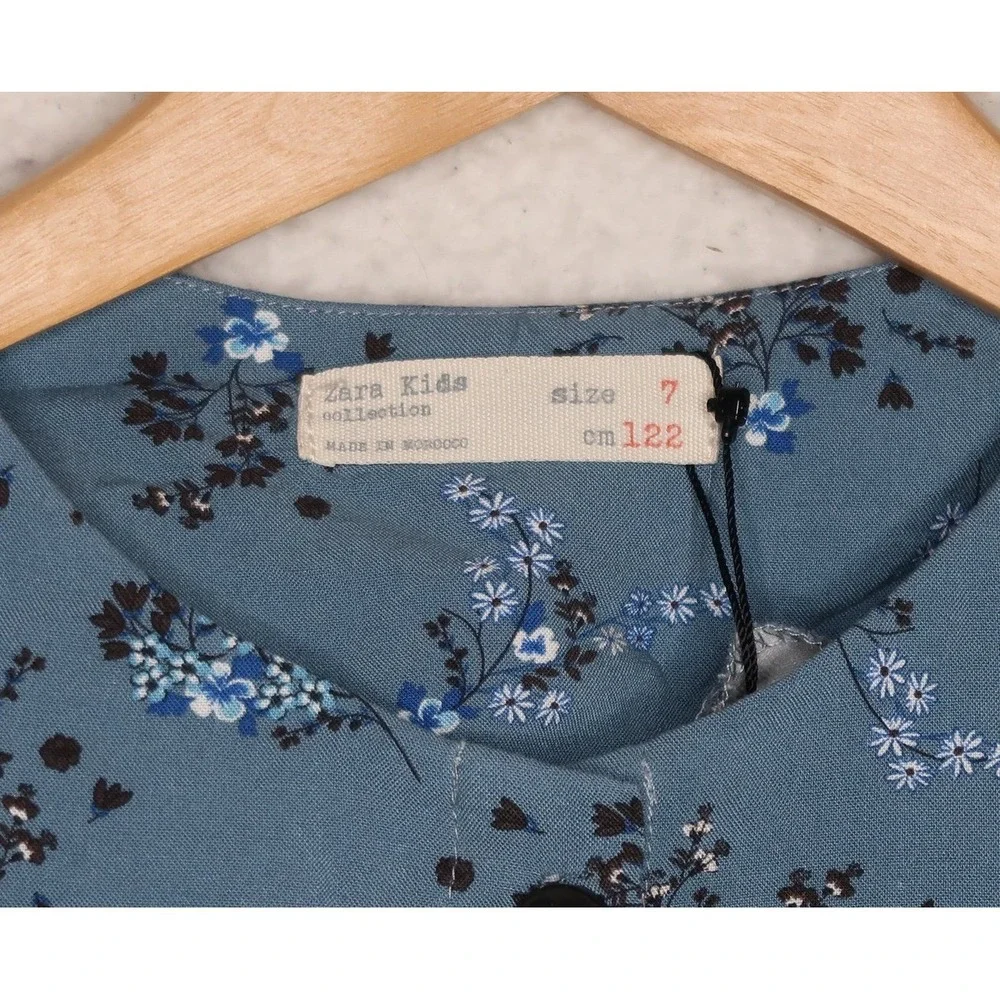 Zara Girls Blue Floral Dress Sz 7 Boho Cottagecore Puff Sleeve Button Spring NWT